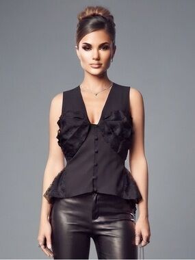 ASOS LUXE Black Sleeveless Button-Front V-Neck Top